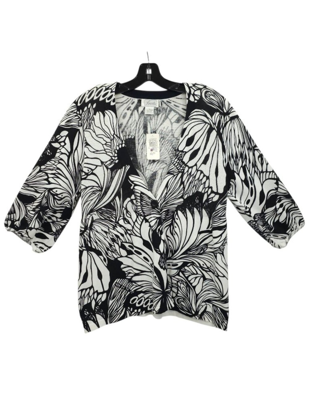 Foxcroft Cardigan Womens XL Sweater Black White Floral Art To Wear Knit Top NEW